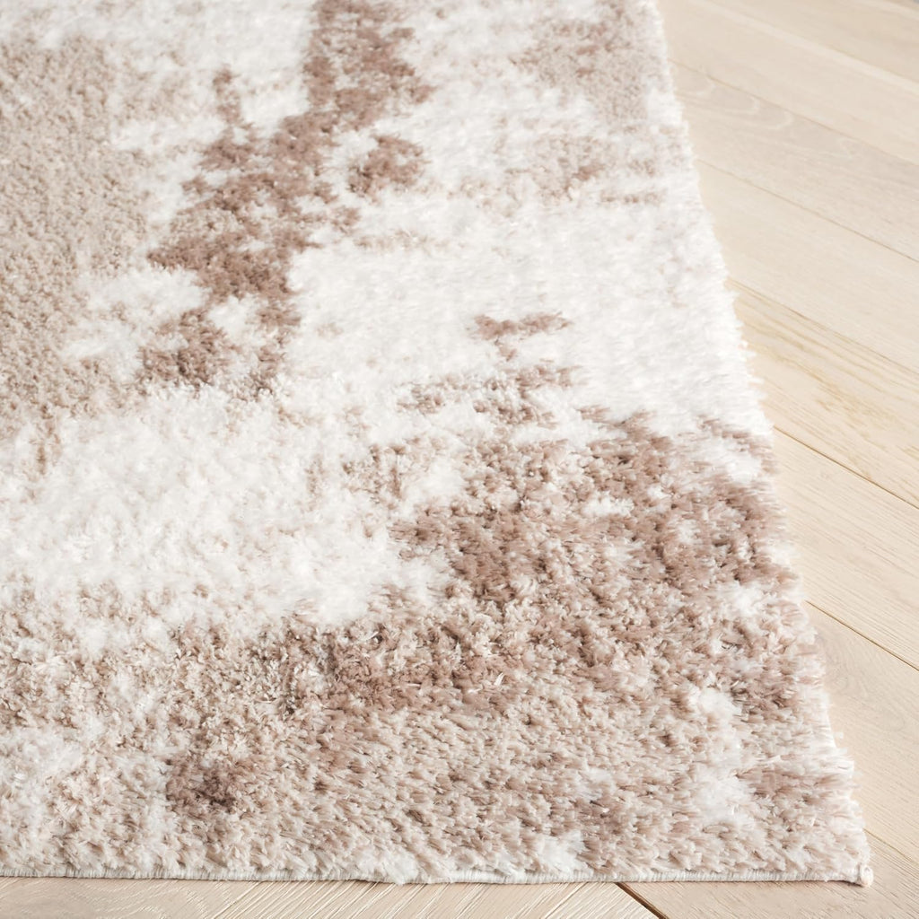 Penelope Shag Collection Area Rug - 6'7" Square, Beige/Ivory Taupe, Geometric Design, Ideal for High Traffic Areas