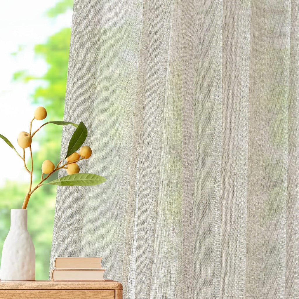 Sheer Curtains 96 inches Long, Faux Linen Double Pleated Window Sheer Curtains Panels Drapery for Home, Hotel, Office