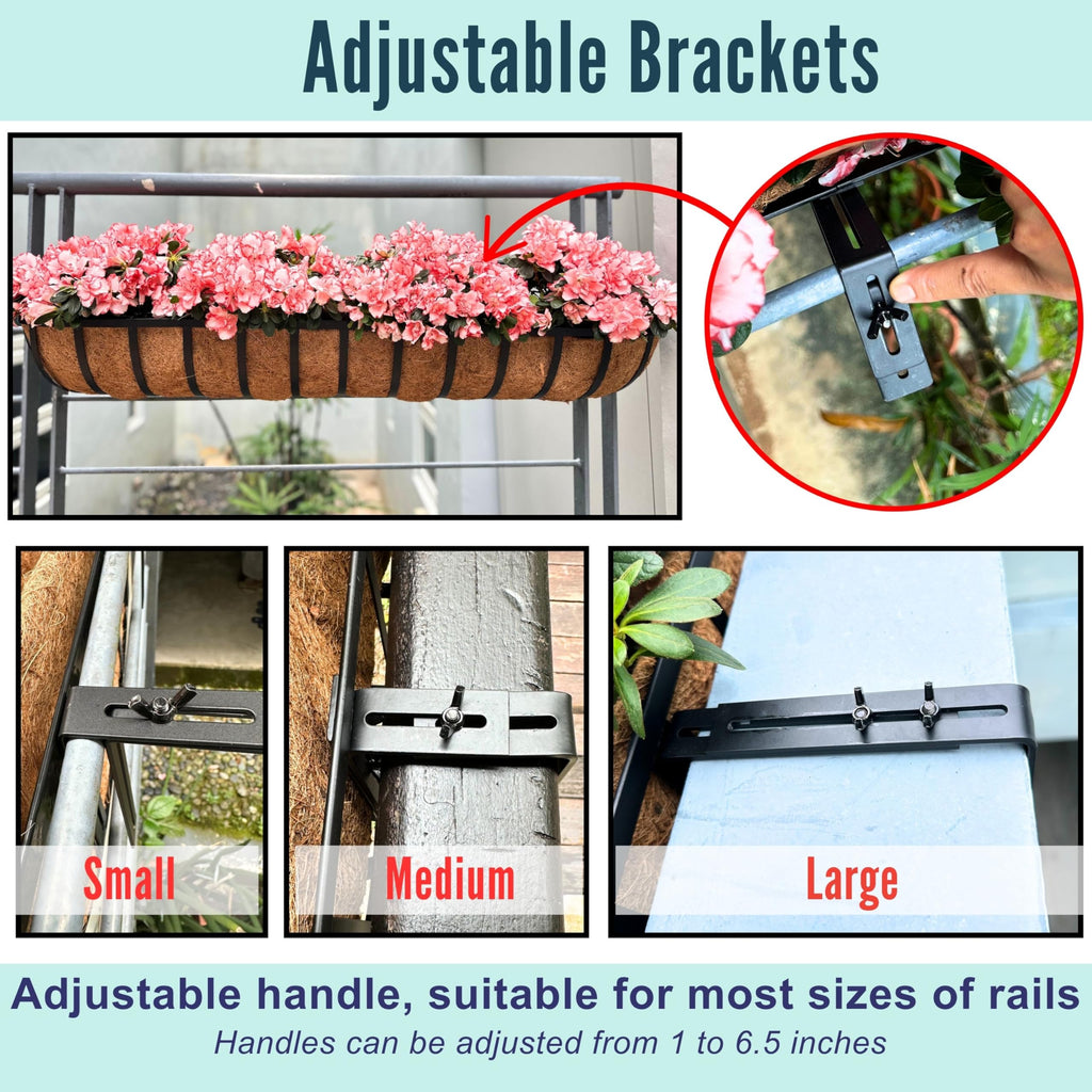 LaLaGreen Railing Planters Box (2 Pack, 30") Black Metal Large Rectangular Window Flower Box with Coco Liner, Wall