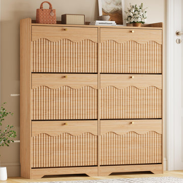 Large Shoe Storage Cabinet with 6 Flip Drawers and Modern Wave-Edge Fluted Panels, High-Capacity Slim Shoe Rack