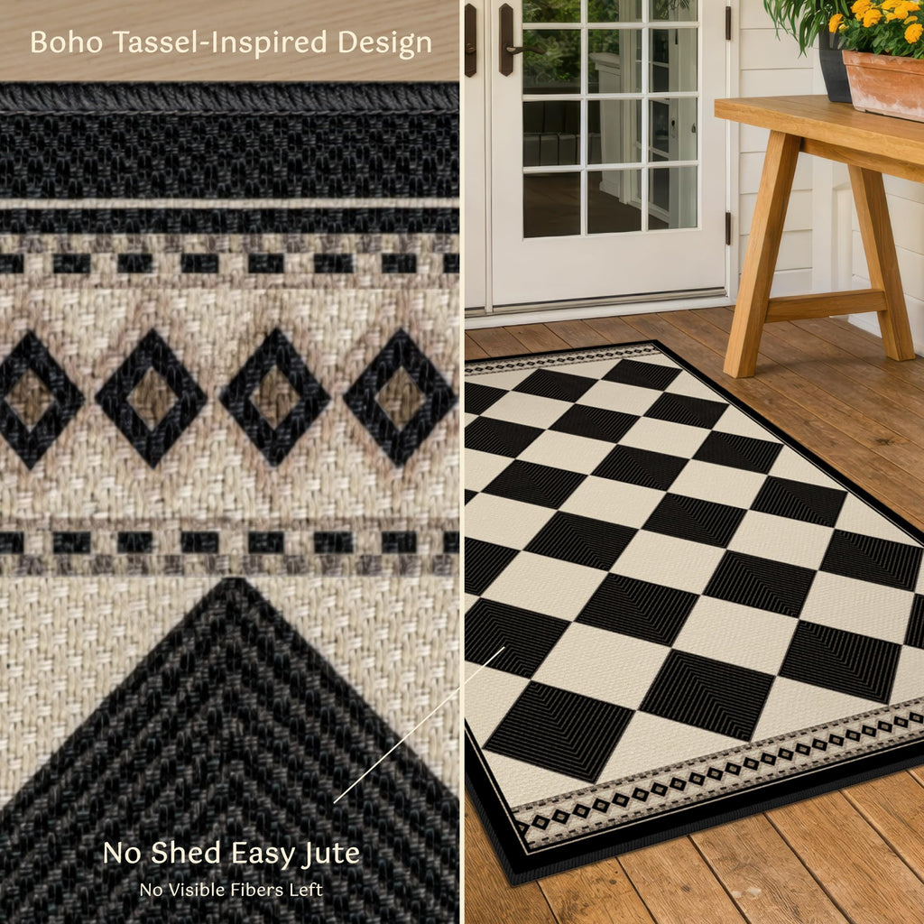 Black and White Checkered Easy Jute Laundry Room Rug Runner, Laundry Floor Mat, Washable Non Slip Diamond Boho