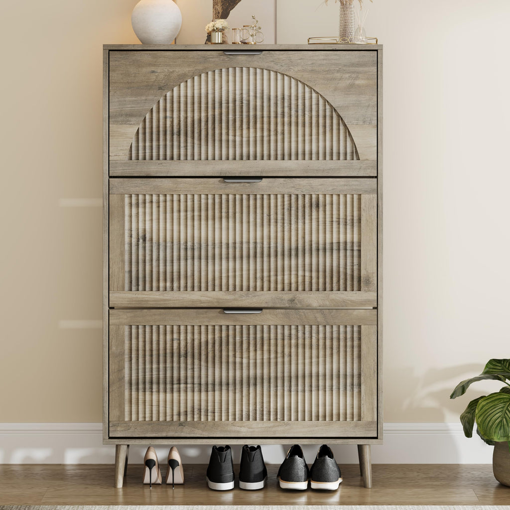 Shoe Storage Cabinet with 3 Flip Drawers, Narrow Wood Shoe Organizer Cabinet with Fluted Panel, Slim Shoe Rack