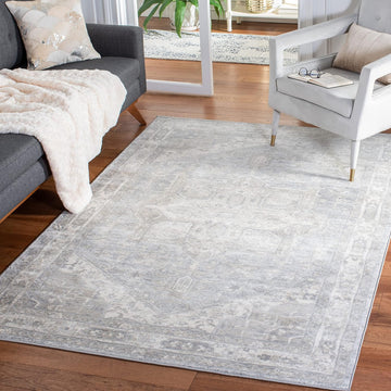 Brentwood Collection Area Rug - 5'3" x 7'6", Grey & Beige, Medallion Distressed Design, Non-Shedding & Easy Care