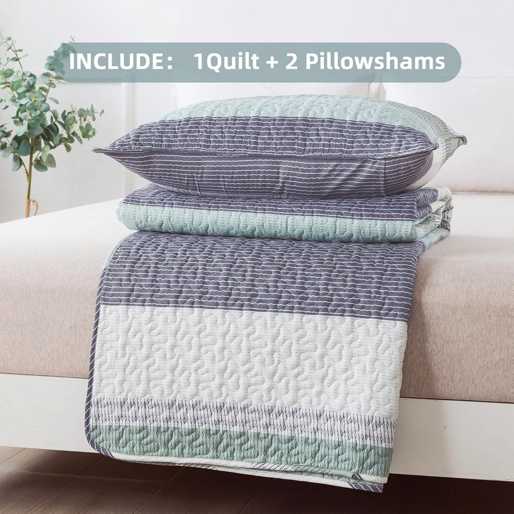 King Quilt Set Sage Green, 3 Pieces Mint Green Ultra Soft Lightweight Bedspreads & Coverlets Set, Patchwork Striped