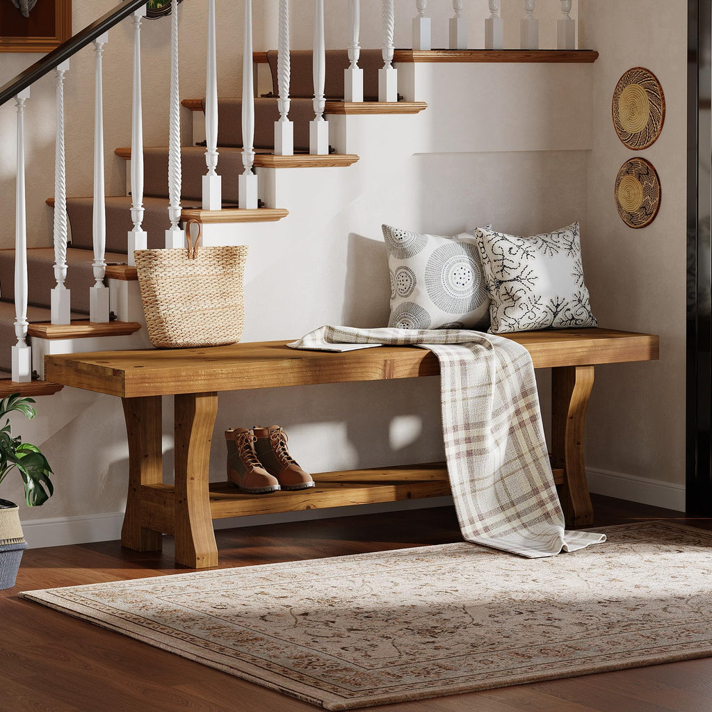 Solid Wood Entryway Bench, 55" End of Bed Bench, Long Indoor Dining Seat, Easy Assembly, Brown