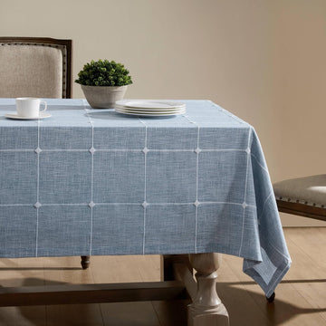 Grid Embroidered Hemmed Tablecloths, Blue 60x120 Inch, Farmhouse Style Heavy Weight Cotton Linen Dus