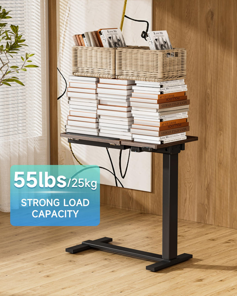 Small Electric Standing Desk, Overbed Table Wireless Tilt Top with Hidden Wheels, 27.6×15.8 Inch Adjustable Rolling