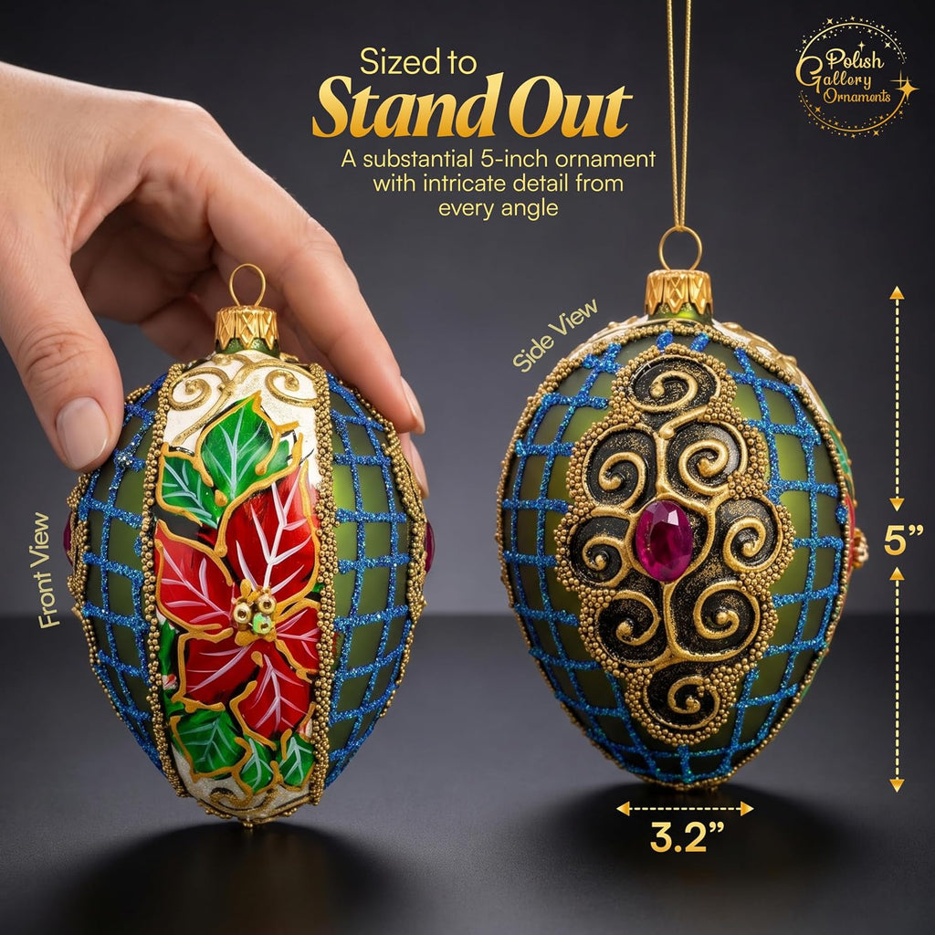 5 Inch Olive Matte Red Poinsettia Fabergé Style Egg | Vintage Ornament | Mouth Blown and Hand Painted in Poland