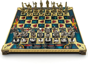 Handmade Egyptian Metal Chess Set in Wooden Box
