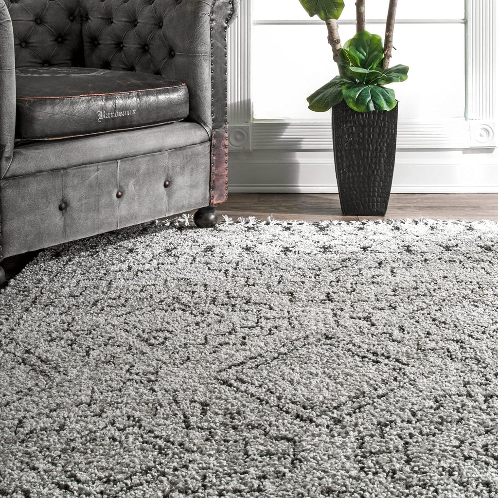 Vasiliki Grey/Ivory, 4' Square, Moroccan Shag, Tassel, Soft and Plush, High Traffic, Stain Resistant, Easy Clean