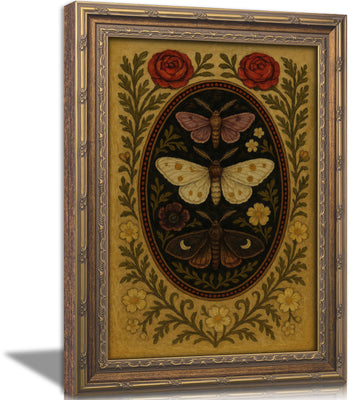 Vintage Gold Framed Butterfly Wall Art, Moody Moth Oil Painting Canvas Prints, Victorian Rose Gothic Picture Wall
