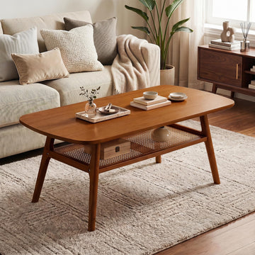 Rattan Coffee Table, 39.5" Wood Coffee Table Walnut