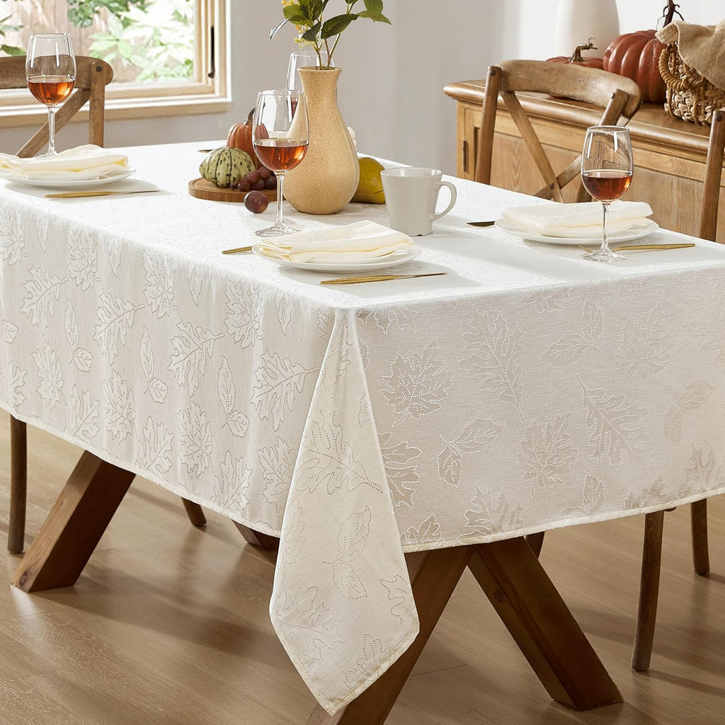 Ivory Fancy Leaves Damask Fabric Holiday Tablecloth, 52 x 70 Inch Rectangle, Elegant Swirling Leaf P