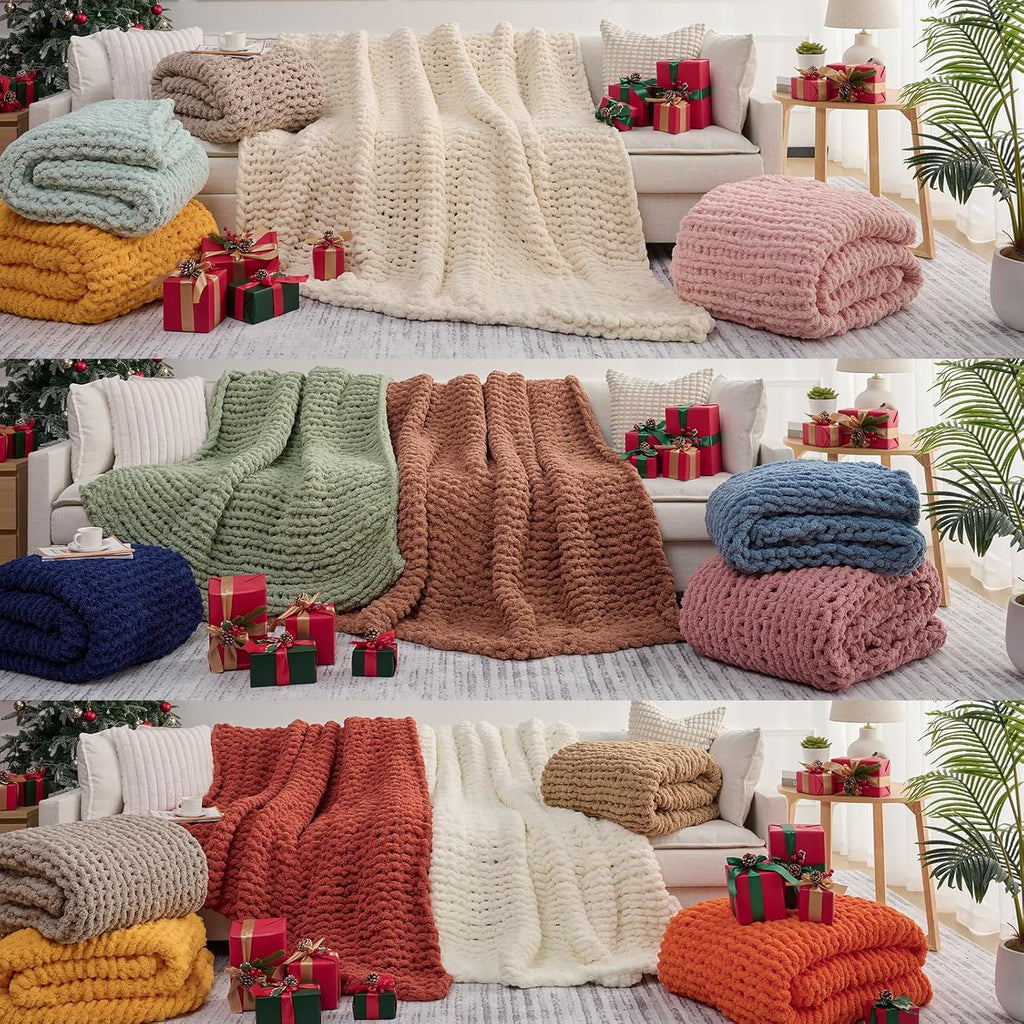 Chunky Knit Blanket Throw,Soft Chenille Yarn Throw Blanket 50x60，Handmade Cable Knit Crochet Blanket,Large Knit