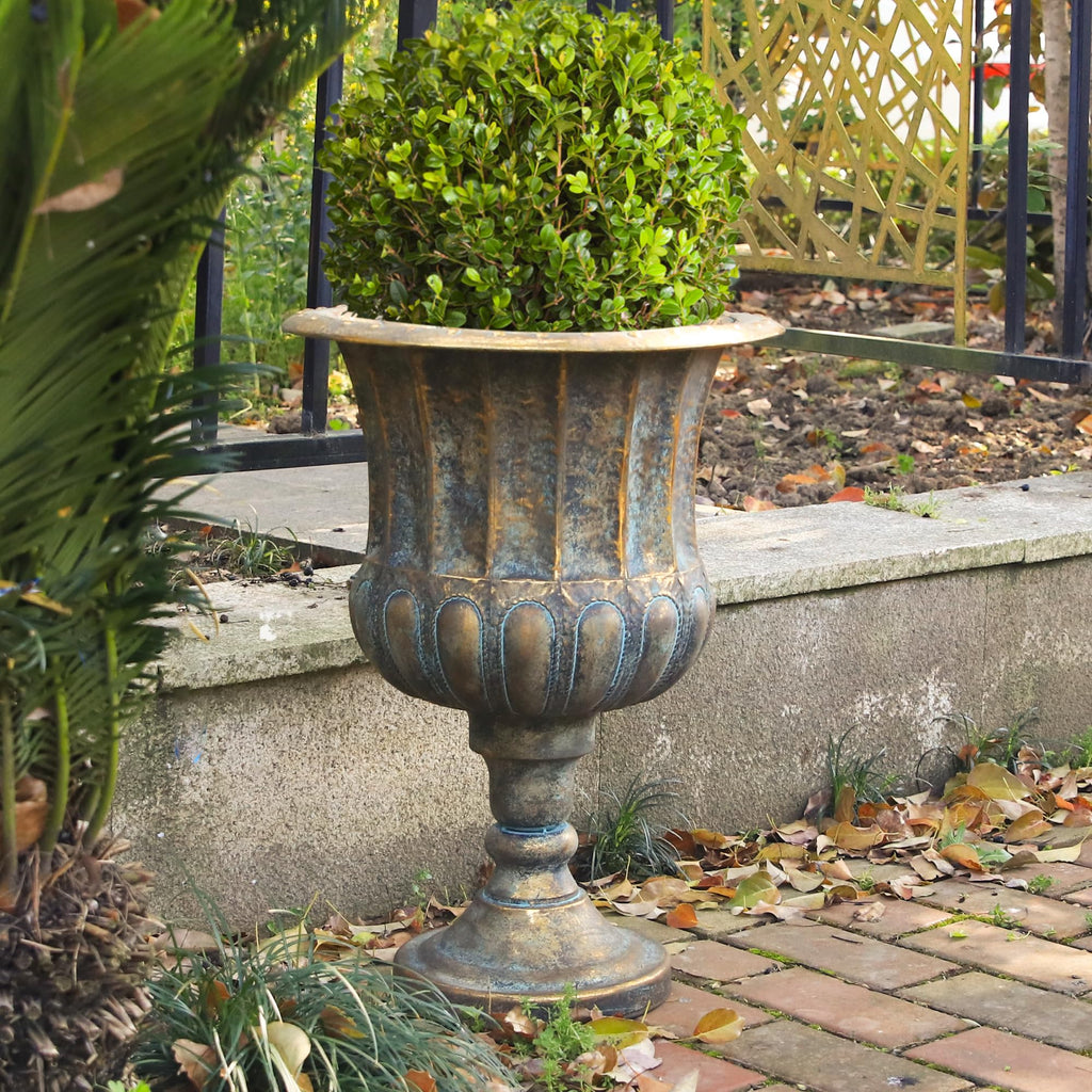 Garden 24.5" H. Metal Urn Planters 2-Pack - Bronze Classic Antique Iron Plant Pots - Large Decorative Rustic Flower