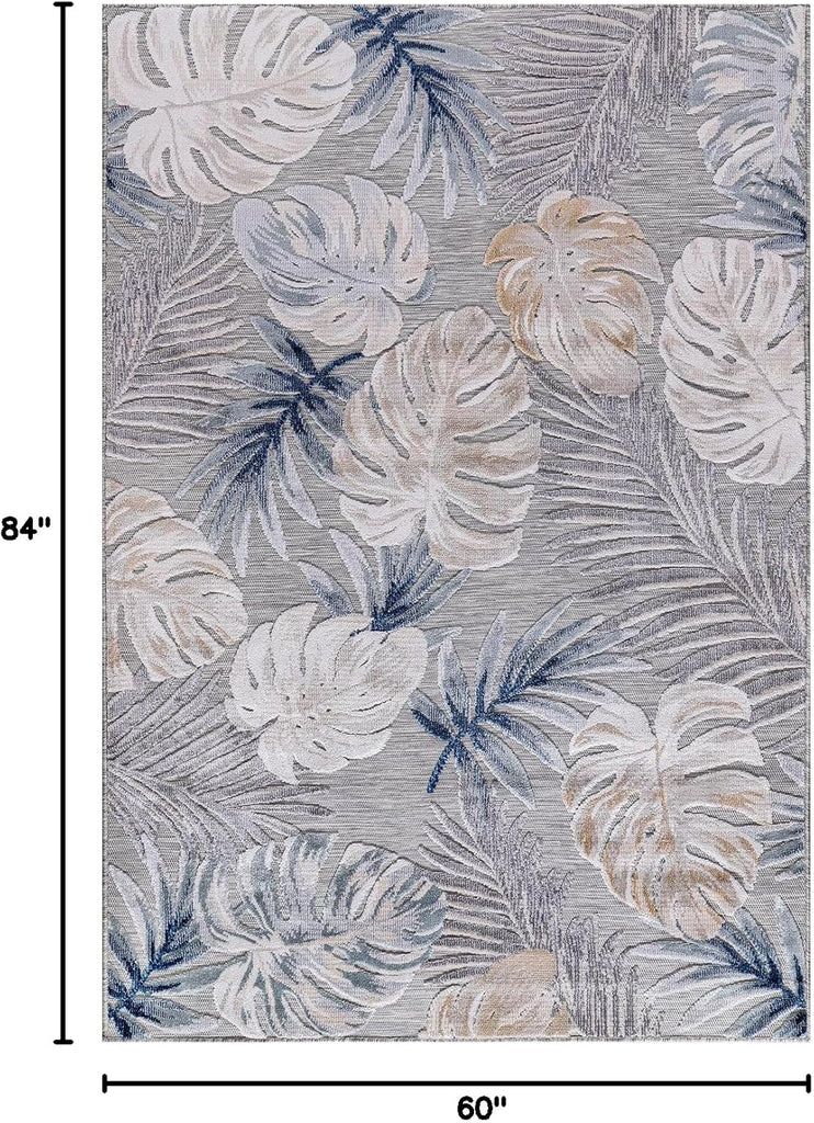 Indoor Outdoor Rug, Blue 5x7 Leaf Tropical Botanical Area Rugs