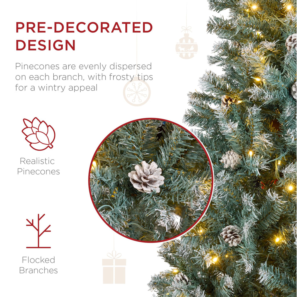7.5ft Pre-Lit Pre-Decorated Pine Artificial Christmas Tree w/ 1, 346 Flocked Frosted Tips, 80 Pinecones, 550 Lights