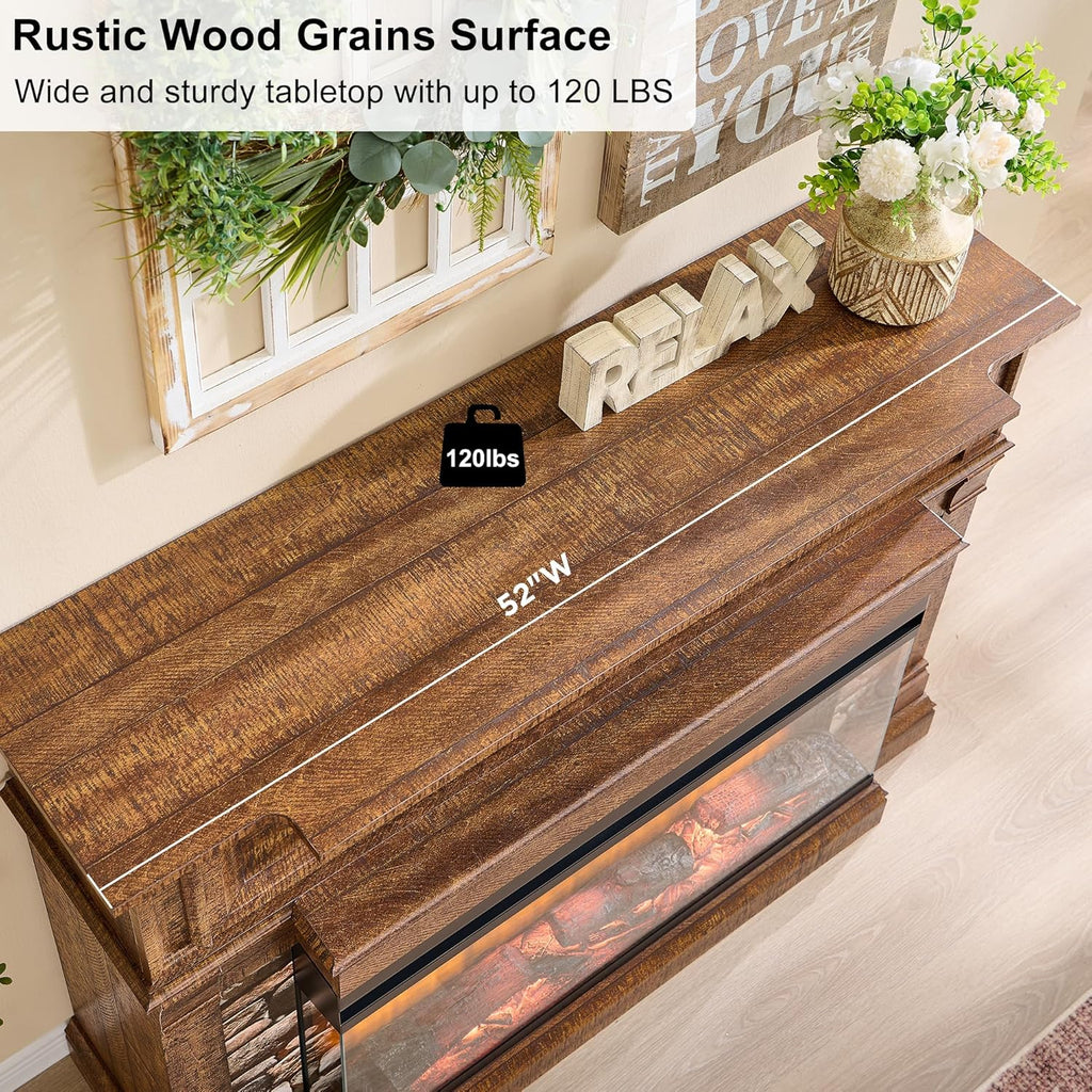 OKD 52" Electric Fireplace with Mantel, Freestanding Fireplace Heater TV Stand with 36" 3-Side Glass Insert for TVs Up