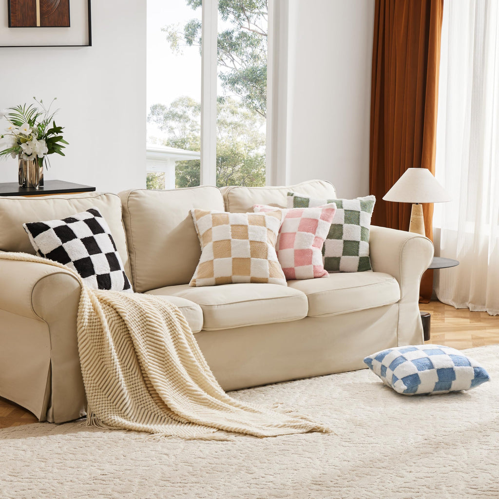 Checkered Jacquard Shag Throw Pillow Covers, Pack of 2 Fluffy Beige Sand Cute Decorative Boho Aesthetic Soft