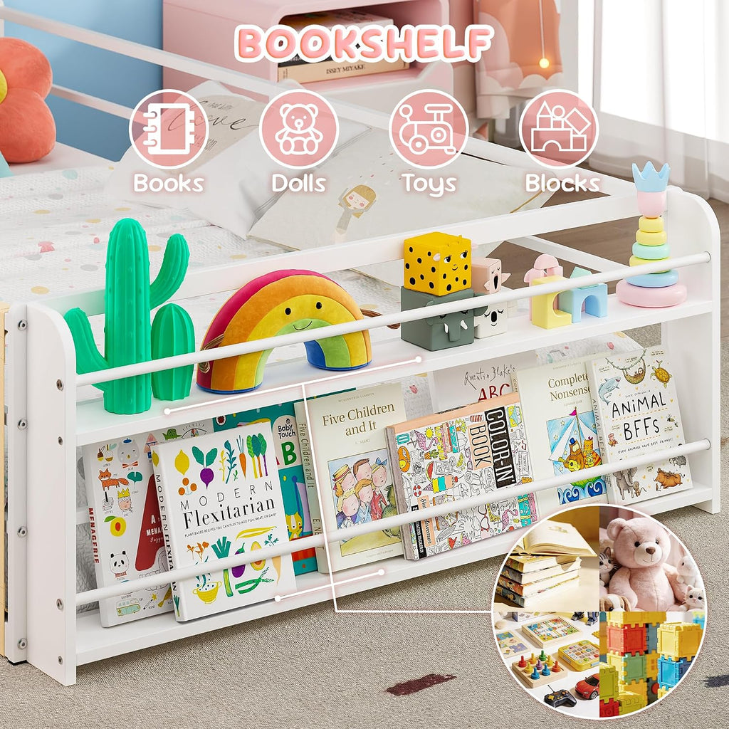 Montessori Floor Bed for Kids with 2-Tier Bookcase and Caddy