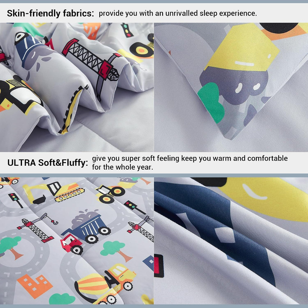 Kids Twin Comforter Sets for Boys 6 Pieces Excavator Grey Bedding Set for Teens Soft Microfiber Kids Bed in A Bag