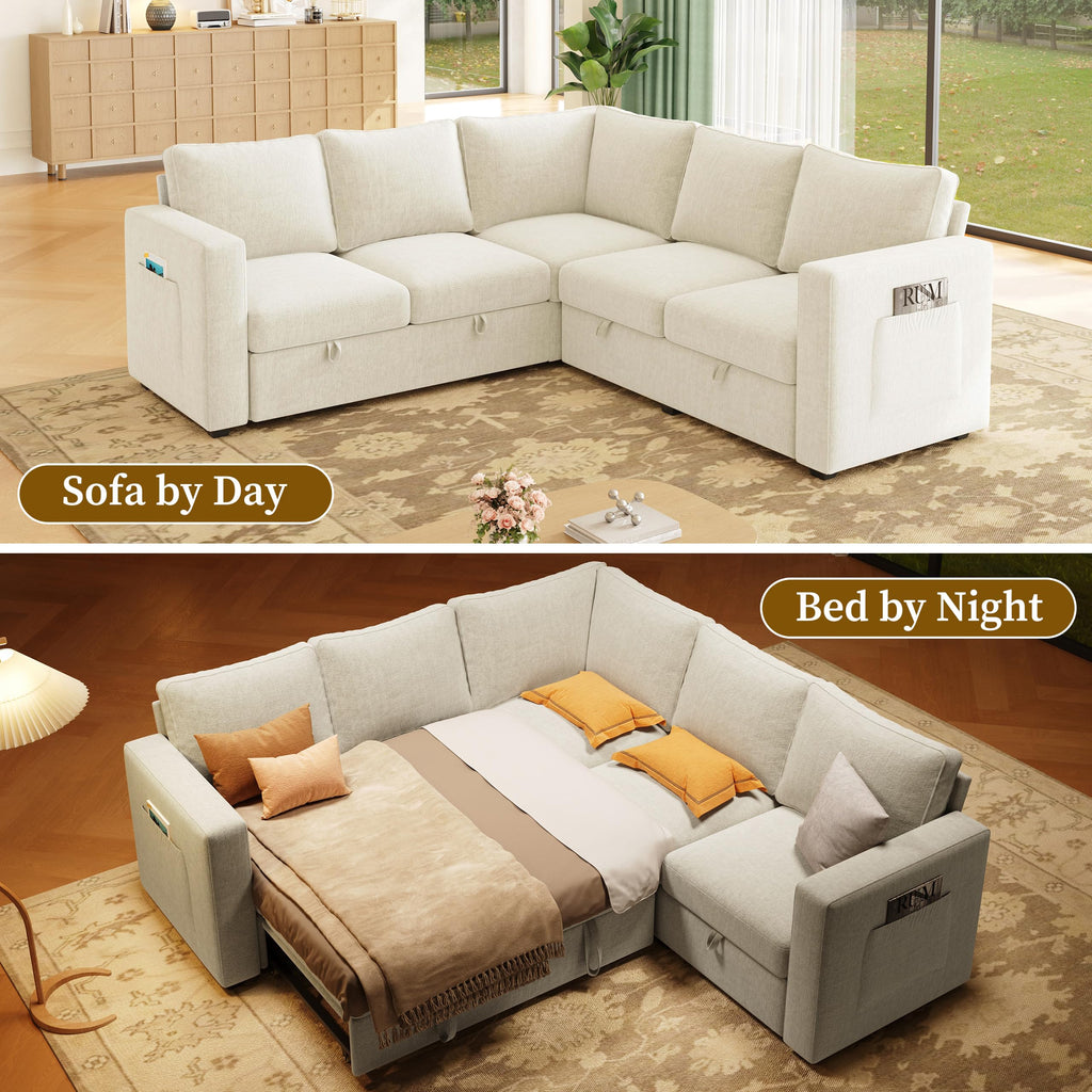 Sectional Sleeper Sofa, Pull Out Couch with Storage, Beige, 5 Seat