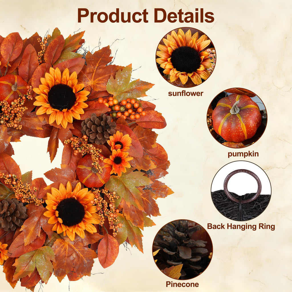 24" Fall Wreath for Front Door Outside Sunflower Autumn Wreath