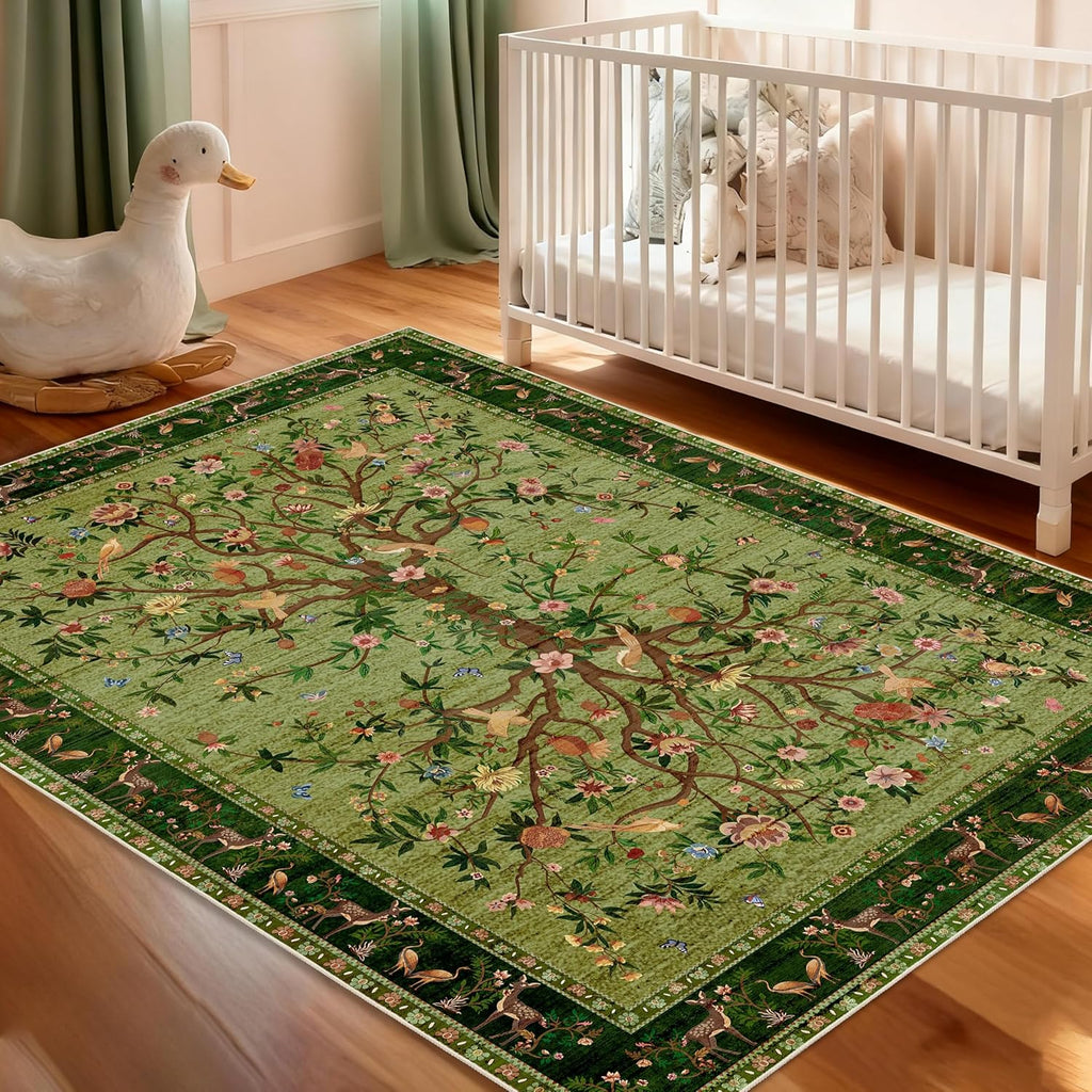 Green Area Rug 3x5 Washable, Non-Slip Small Rug Carpet, Floral Boho Low Pile Soft Throw Rugs for Ent
