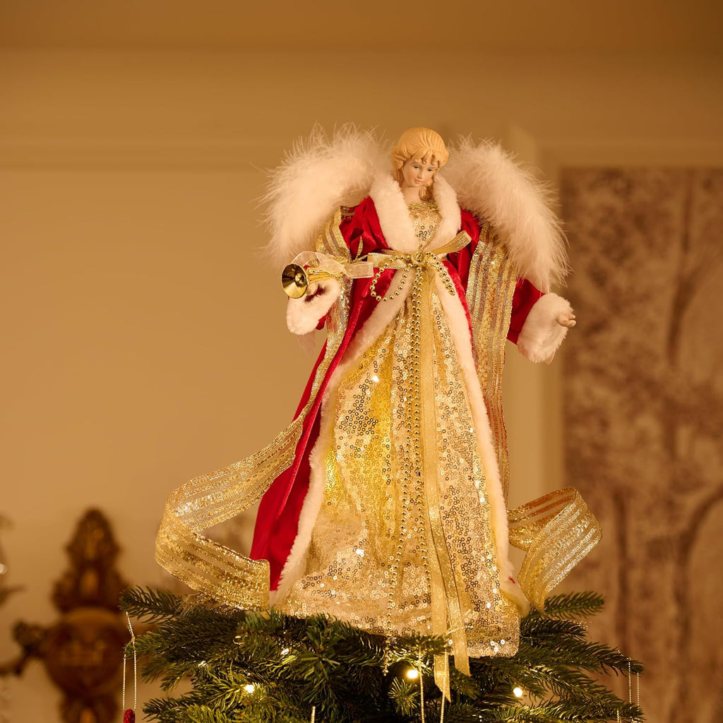 Christmas Tree Ornaments Set, 16ct Burgundy and Gold Shatterproof Christmas Tree Decorations&Lighted Christmas Angel