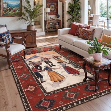 Red Ivory Southwestern Folk Art Rug
