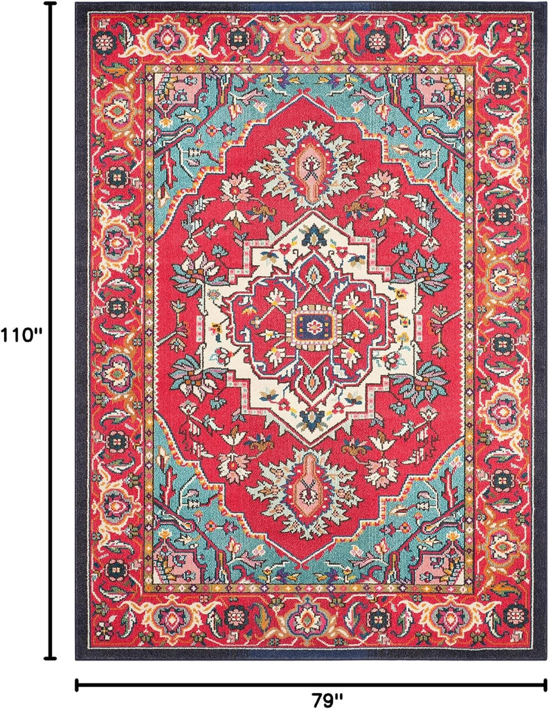 Monaco Collection Area Rug, Red & Turquoise, Boho Oriental Medallion Design, Non-Shedding & Easy Care