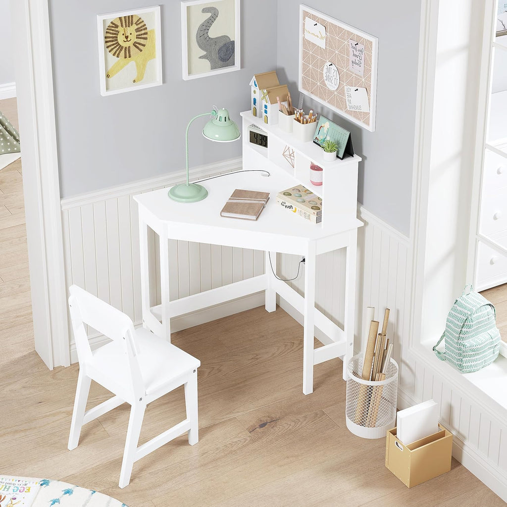 Wooden Kids Corner Desk and Chair Set with Hutch for Ages 3-8