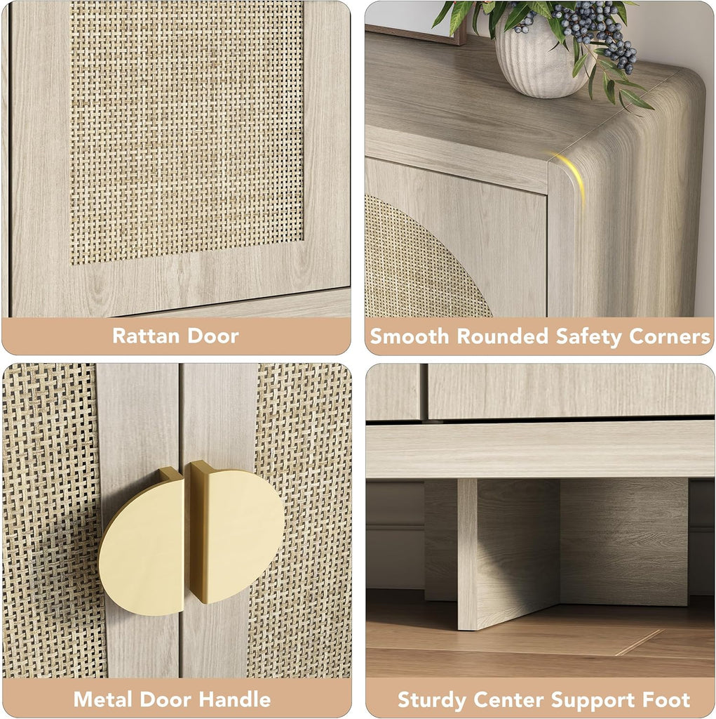 Rattan Sideboard Buffet Cabinet with Storage, 55" Accent Cabinet with Arch Doors & Adjustable Shelves
