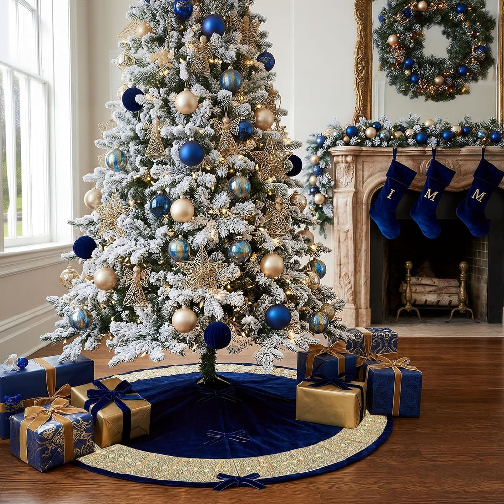 Blue Velvet Christmas Tree Skirt, Gold Glitter Trim Xmas Tree Decor