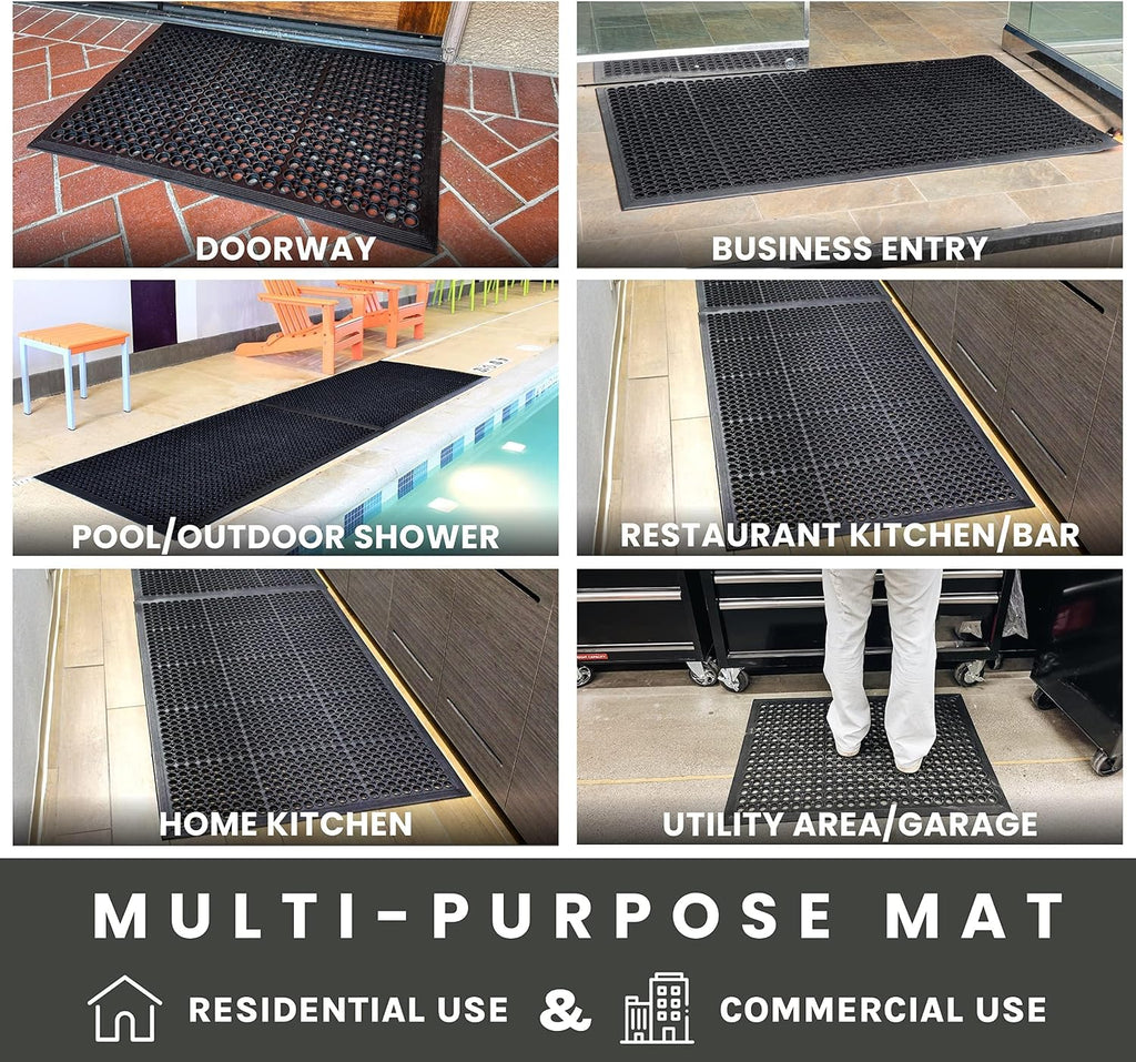 Anti Fatigue Mats Floor, Rubber Bar Mat, Non Slip Commercial Floor Mat with Drainage Holes, Indoor Outdoor Rubber Mat