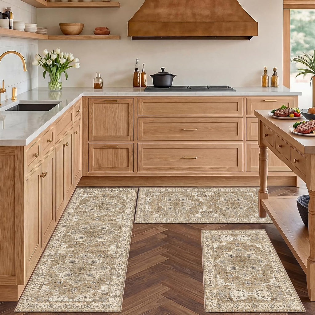 3 Piece Kitchen Rugs Sets with Runner, Washable Non Slip Soft Boho Kitchen Mats, Low Pile Stain Resistant Carpet