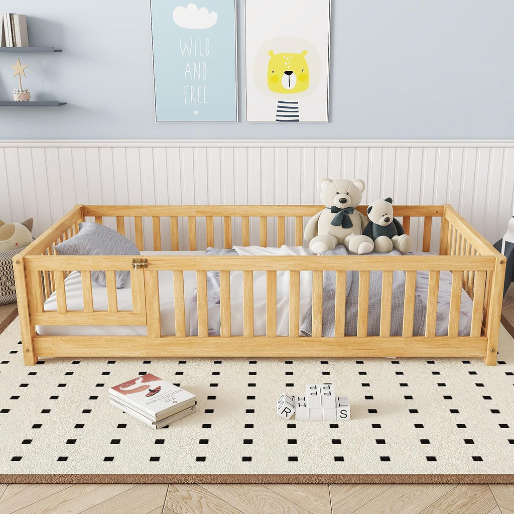 Slats and Safety Guardrail, Wood Twin Size Montessori Floor Bed with Door and Fence, Easy Assemble Montessori