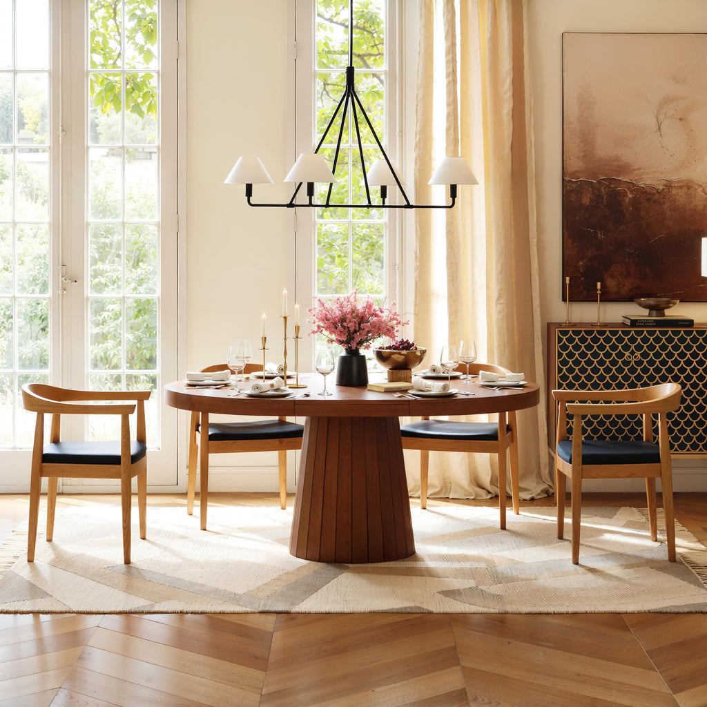 Extendable Dining Table Round to Oval 39"-55", Solid Wood Walnut Kitchen Table for 4-6 People, Space-Saving Design