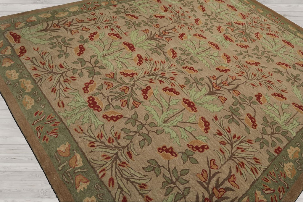 9x12 Hand-Tufted Oriental Area Rug 100% Wool Botanical Floral Transitional Beige, Sage Color