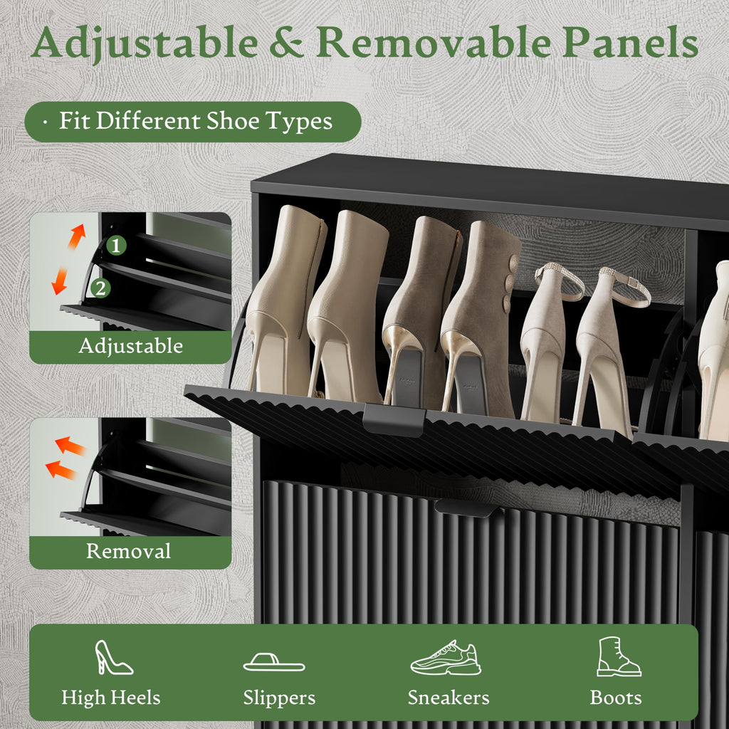 Shoe Storage Cabinet with 4 Flip Drawers, Hidden Slim Wood Shoe Organizer with Modern Fluted Panel, Freestanding