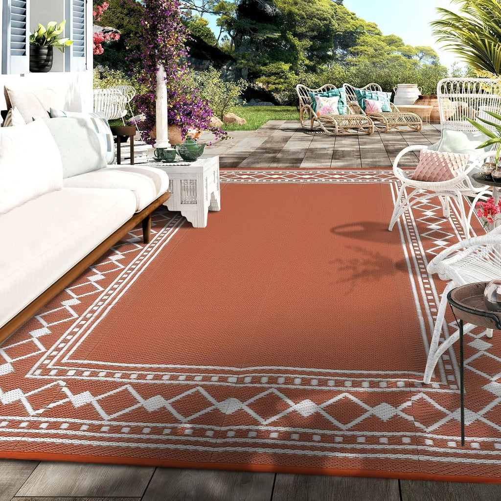 Outdoor Rug 9x12 Diamond Border Area Rugs for Indoor and Outdoor Patios and Porches - Waterproof, Washable