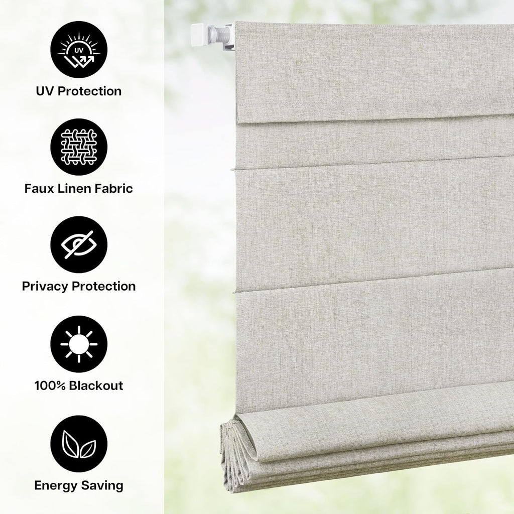 No Drill Roman Shades, Blackout, 28" W x 64" H, Beige | Cordless Blackout Window Shades with UV Protection, Polyester