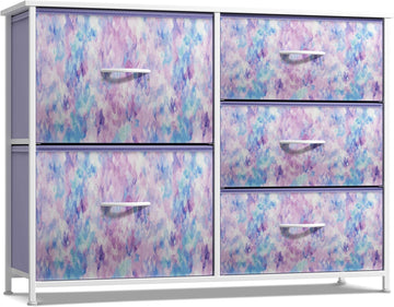 Kids Dresser with 5 Drawers - Storage Chest Organizer Unit with Steel Frame, Wood Top & Handles, Tie-dye Fabric Bins