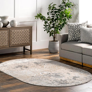 Chastin Beige Abstract Power Loomed Area Rug, Oval 5' x 8'