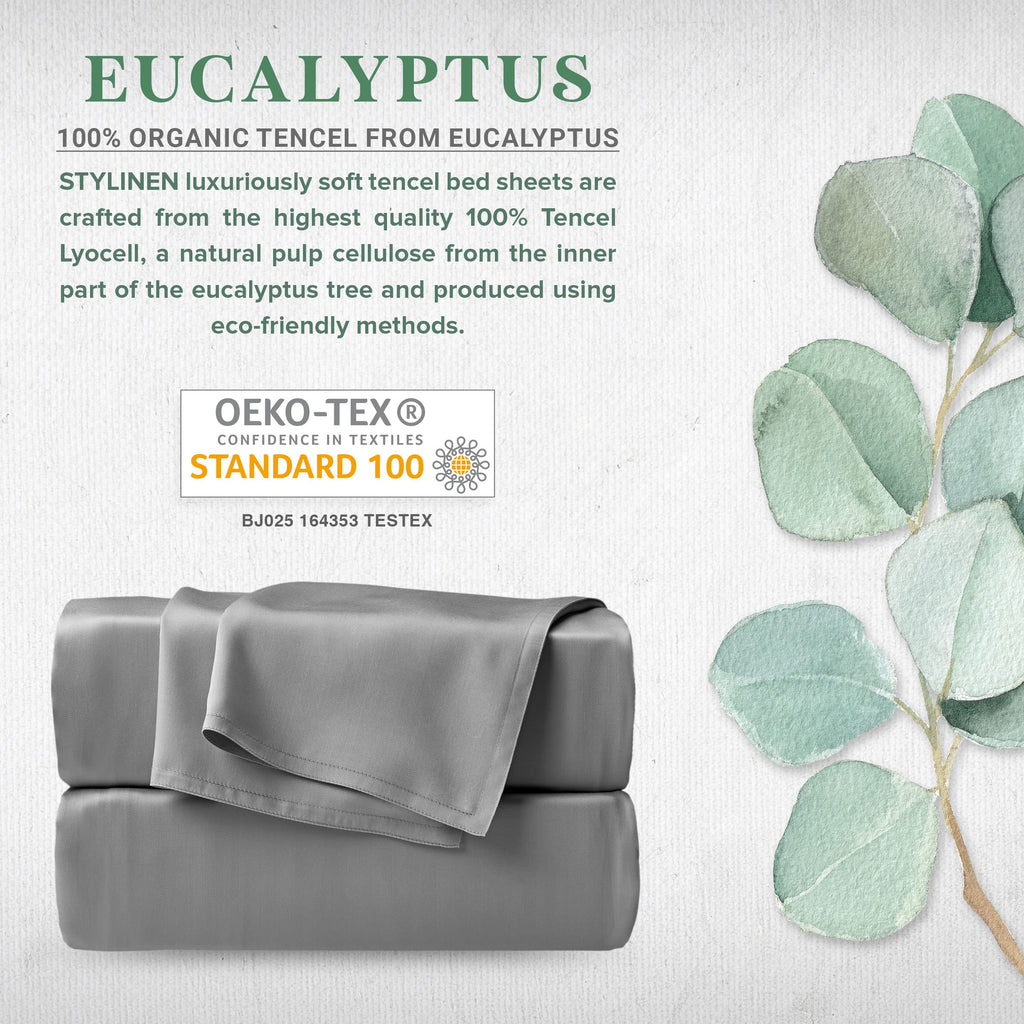 100% Organic Eucalyptus Bed Sheets King Size 4 Piece Set, Tencel Lyocell, Silky Soft & Smooth, Breathable, 16 Inch