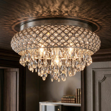 19.5'' Chrome Chandelier with Crystal Raindrop Prism, Large 5-Light Flush Mount Ceiling Light Fixture, Drum Raindrop