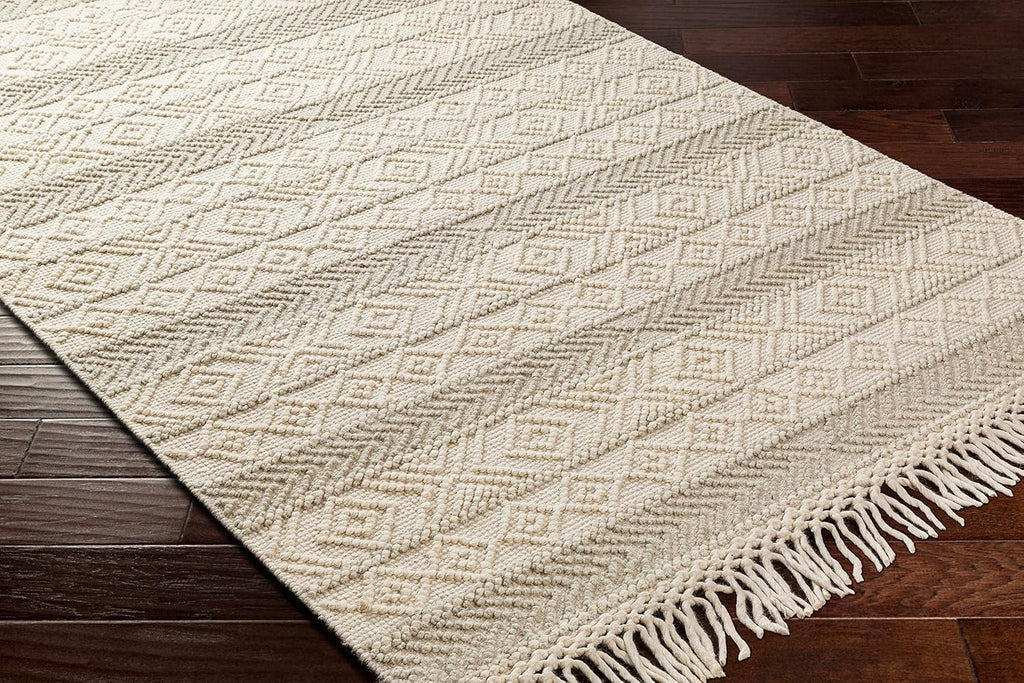 Ummi Wool Living Room, Bedroom Area Rug - Geometric Striped Diamond Border - Traditional Transitional Scandinavian