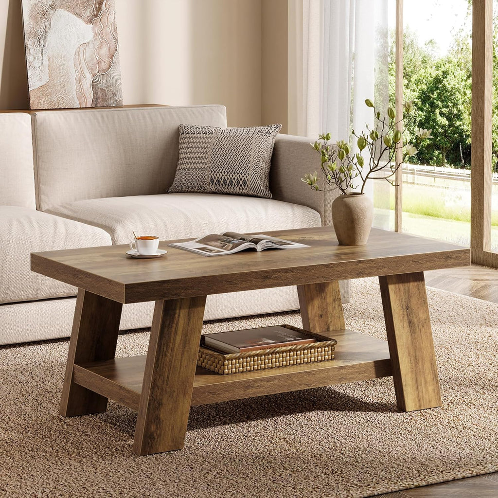 Farmhouse Coffee Tables, 47.24" Rectangle Coffee Tables with Storage Shelves, Rustic Wooden Center Table...