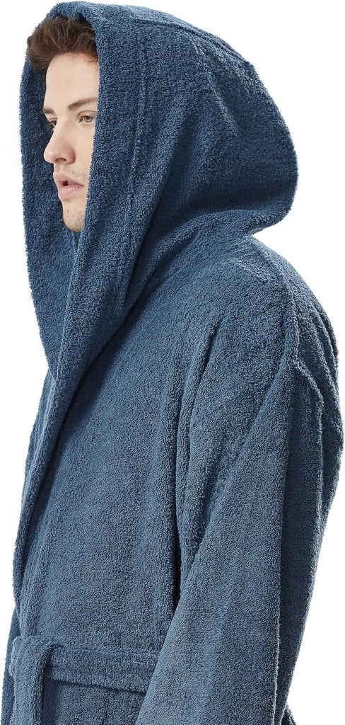 Men's Hooded Classic Bathrobe Turkish Cotton Robe with Full Length Options