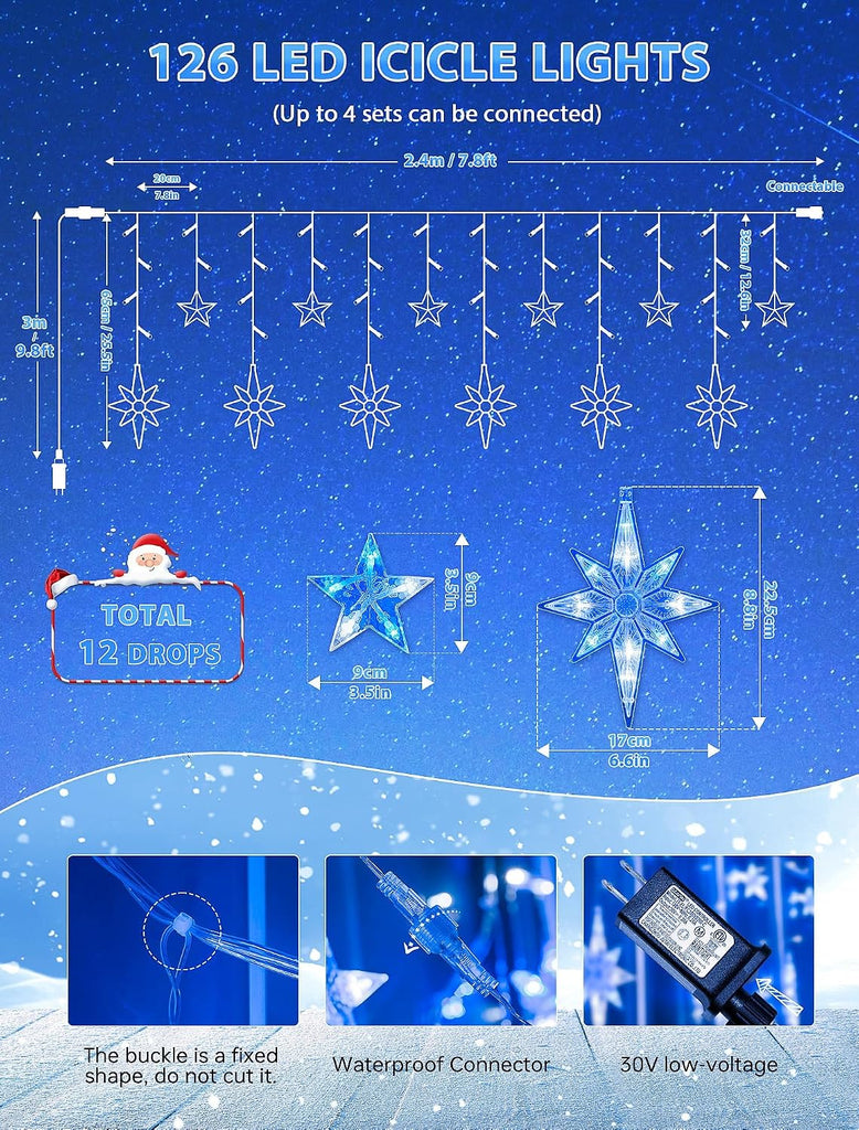 Icicle Lights Outdoor,126 Led 12 Star Hanging String Light